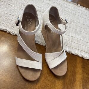 Toms 7.5 Clarissa Natural Linen Cork Wedge Heels Strappy Buckle Sandals Womens